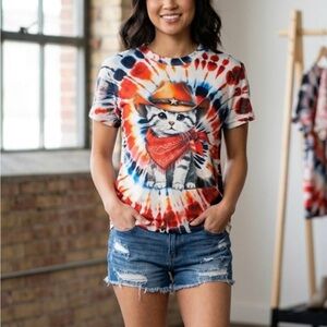 Tie-Dye Cowboy Cat Short Sleeve Tee, Petite Fit, Women’s S, Multicolor
